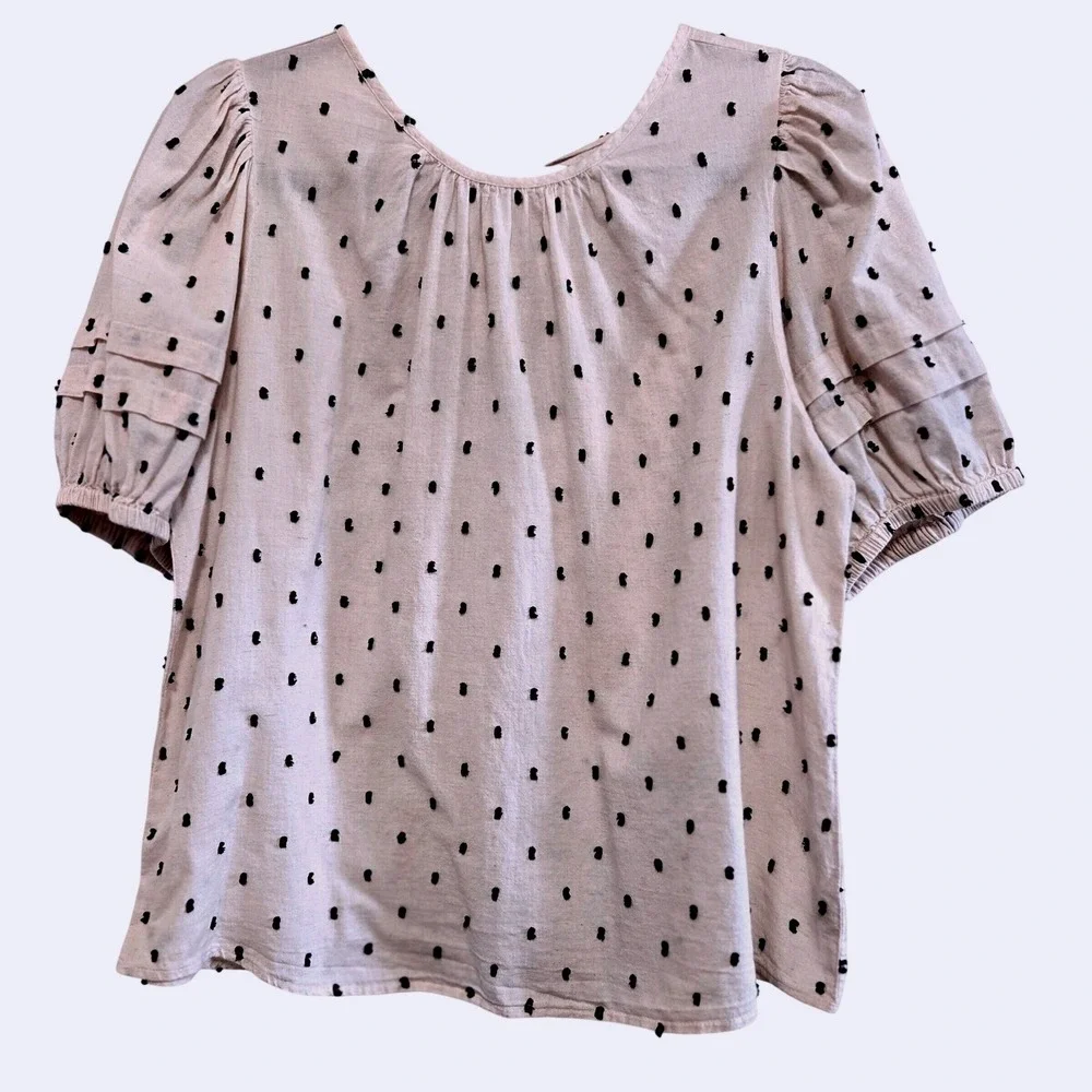 Madewell Womens M Boho Cream Black Clip Dot Puff Sleeve Scoop Neck Tie Blouse